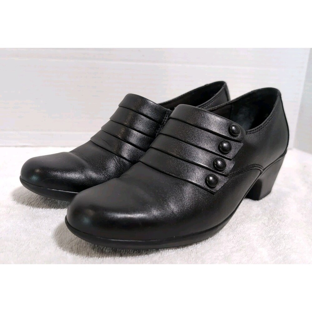CLARKS BENDABLES SLIP-ON BLACK LEATHER SHOES 2" HEAL WOMEN'S SIZE 7.5 M VGC